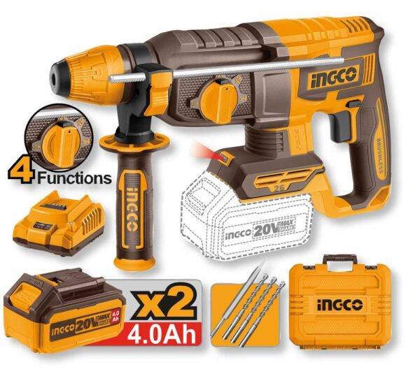 Tassellatore/Demolitore a batteria 20V con corpo in plastica arancione e nero, dotato di impugnatura ergonomica, caricabatterie, due batterie 4Ah, valigetta e lame, ideale per lavori di demolizione e foratura.