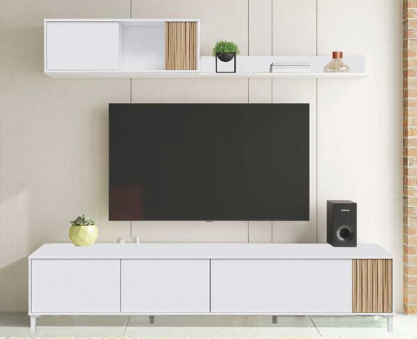 Mobile TV Ethna 200 cm – Base e Pensile, Bianco Artik e Natural