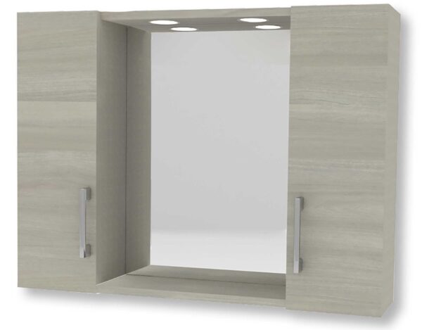 Specchiera contenitore Rovere Grigio con 2 ante e luci LED integrate, struttura in legno chiaro, dimensioni compatte 77x17x60h cm, ideale per arredo bagno o camera.