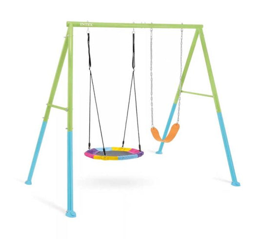Altalena per bambini con struttura in acciaio galvanizzato verde e blu, con seduta a nido colorata e seggiolino a dondolo, ideale per giardino