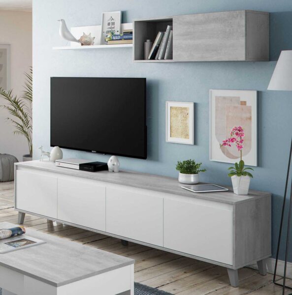 Mobile Soggiorno Caracas 200x40x50h Bianco Artik/Cemento – Base, Pensile, Mensola