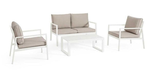 Salotto da giardino Hilde in alluminio bianco con divano a due posti, due poltrone e tavolino rettangolare, cuscini beige sfoderabili inclusi.