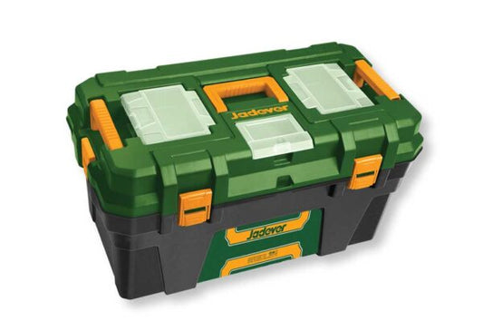 Cassetta portattrezzi 24 pollici con tre scomparti e vassoio estraibile, contenitore resistente in plastica verde e nero con chiusure arancioni