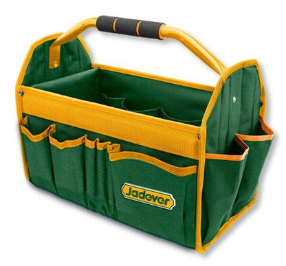 Borsa Rigida Portattrezzi 16P verde con maniglia imbottita e 16 tasche esterne, ideale per organizzare utensili da lavoro in modo pratico.