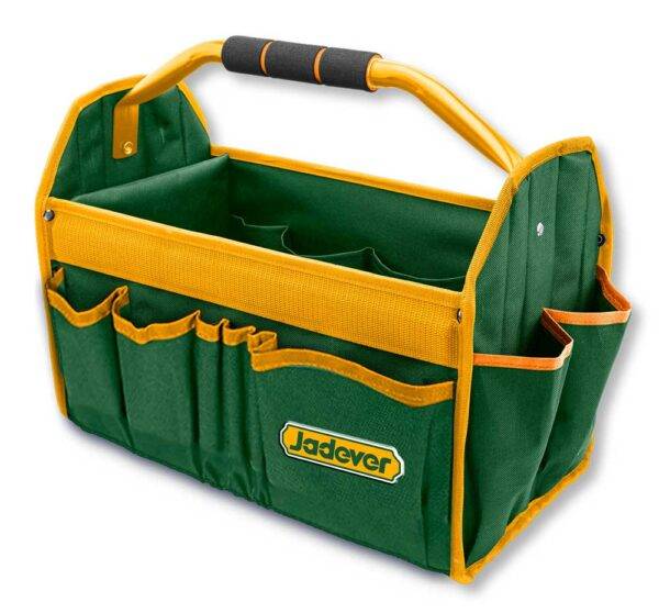 Borsa Rigida Portattrezzi 16P verde con maniglia imbottita e 16 tasche esterne, ideale per organizzare utensili da lavoro in modo pratico.