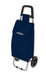 Carrello spesa con rivestimento in tessuto blu navy, manico in plastica nera e ruote grandi per trasporto pratico