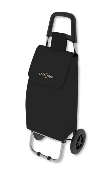 Carrello spesa nero con manico in plastica e ruote grandi, ideale per trasporto di acquisti, con logo Colombo in evidenza
