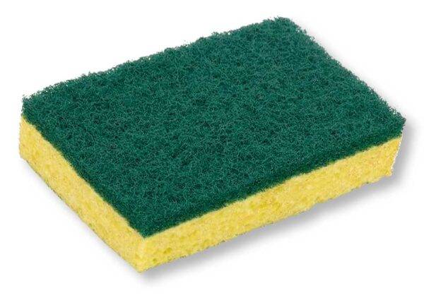 Spugna rettangolare del Set 10 Spugne per Stucco MM.110x70x20 con lato abrasivo verde e lato assorbente giallo, ideale per lavori di stuccatura.