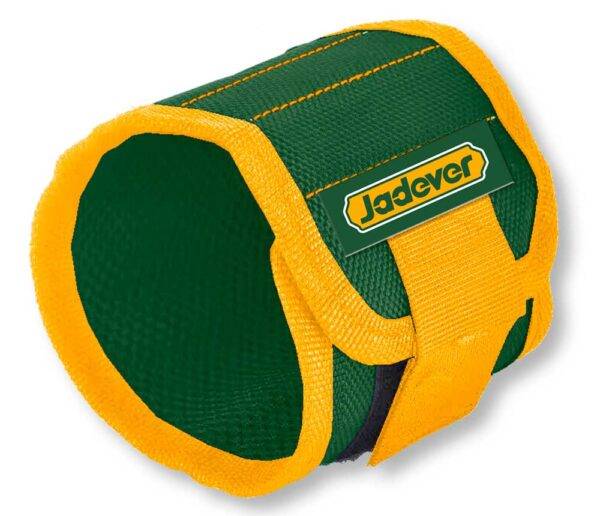 Braccialetto Magnetico 39.5x9 CM Jadever in tessuto verde con bordi gialli, dotato di 10 magneti e tasca portaoggetti per utensili. Ideale per l'organizzazione in ambito utensileria.