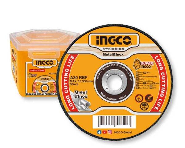 Disco da taglio per metallo e inox da 115mm, 1,0mm di spessore, con etichetta arancione e nero, compatibile con utensili da taglio professionali, SKU: I/MCD1011550