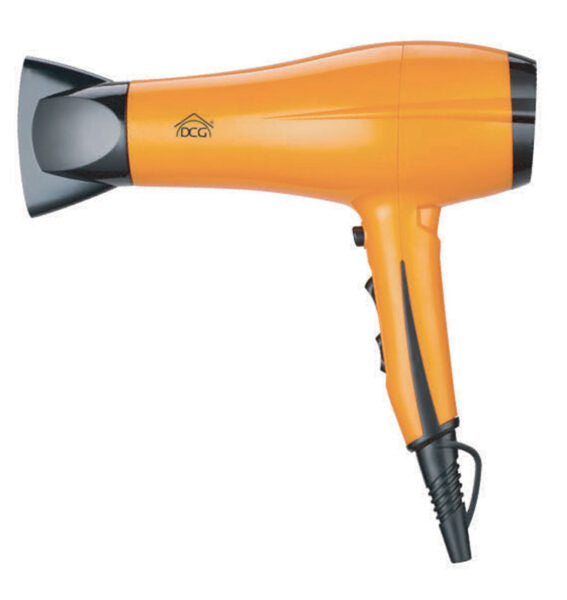Asciugacapelli professionale con diffusore 2200W colore arancione, dotato di beccuccio concentratore e impugnatura ergonomica per styling preciso.