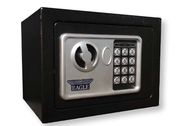 Cassaforte elettromagnetica 23x14x17 cm con tastierino digitale e chiave di emergenza, ideale per uso domestico o ufficio