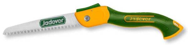 Seghetto pieghevole da 180 mm con lama a tripla dentatura, manico ergonomico verde e giallo, ideale per potature precise e pratiche