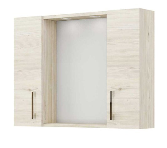 Specchiera contenitore bagno con ante in finitura Rovere Ghiaccio, specchio centrale, illuminazione LED integrata, spazio contenitivo ampio, stile moderno