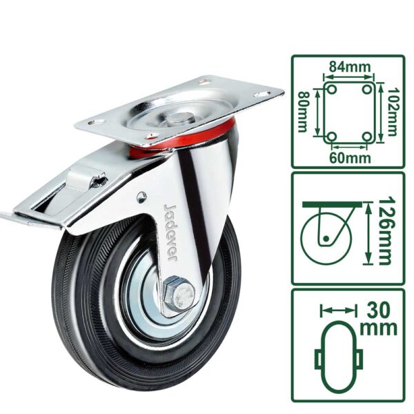 Ruota girevole in acciaio e gomma con freno, diametro 80mm, con supporto zincato, dimensioni 84x102mm, capacità di carico 126mm, per uso industriale