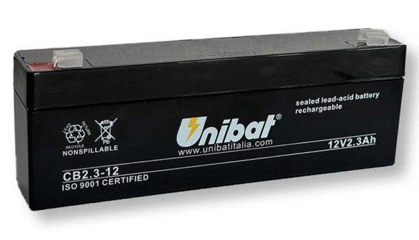 Batteria Servizi SLA Unibat 12V 2Ah Piombo-Acido sigillata nera, rettangolare, con terminali laterali, ideale per sistemi di backup e automazione - SKU: UNIBAT-040330