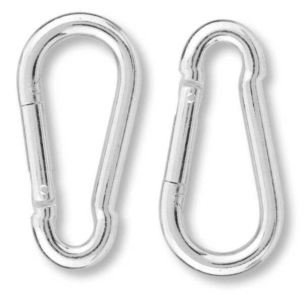 Set 2 Moschettoni Pompiere 80mm duraturi in acciaio lucido, ideali per utensili professionali e uso intensivo in sicurezza.