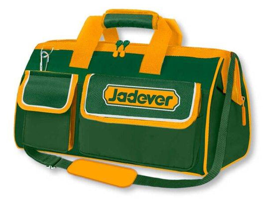 Borsa portattrezzi 48CM Jadever in tessuto verde con finiture gialle, dotata di manici rinforzati e tasche frontali per utensili. Perfetta per organizzare strumenti da lavoro in modo pratico e sicuro.