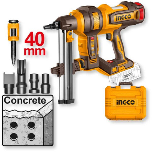 Chiodatrice per calcestruzzo 20V senza fili con batteria, corpo giallo e nero, dotata di accessori e valigetta di trasporto, ideale per fissaggi su cemento.