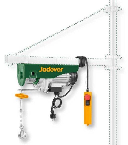 Paranco elettrico 450W 125/250KG montato su struttura metallica, con gancio e comando a filo per sollevamento fino a 18MT.
