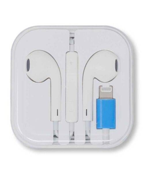 Auricolari Lightning bianchi con microfono e tasti volume integrati, in confezione con custodia, ideali per dispositivi Apple, SKU: SF302