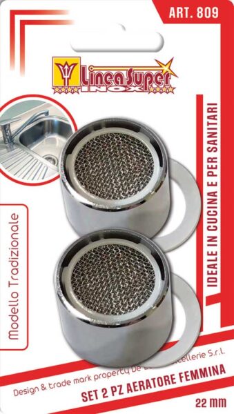 Set di 2 aeratori femmina per miscelatore di cucina e sanitari da 22mm, compatibili con filettatura interna. Ideali per ottimizzare il flusso d'acqua.
