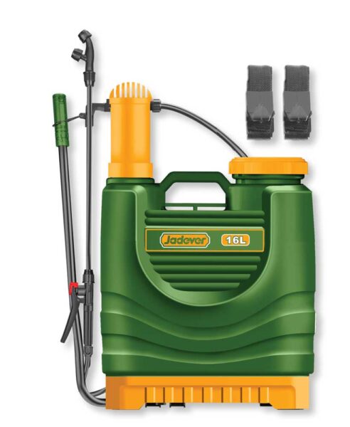 Pompa irroratrice a spalla da 16 litri Jadever in verde con serbatoio giallo, manico robusto e accessori per giardinaggio, SKU: J/JDKS1516