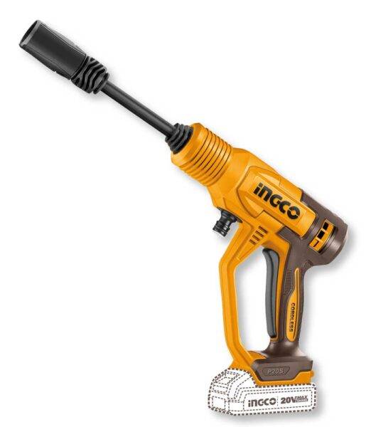 Idropulitrice a batteria 20V senza cavo con ugello lungo, corpo giallo e nero, ideale per pulizie esterne e giardini, SKU: I/CPWLI2036