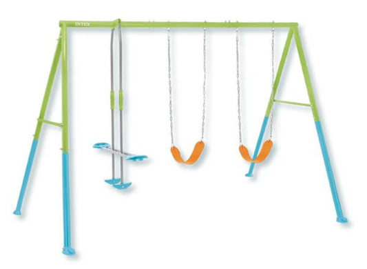 Altalena 3 componenti per bambini con struttura in acciaio galvanizzato verde e blu, include due seggiolini e dondolo, ideale per giardini