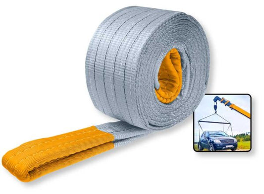 Fascia di sollevamento resistente e flessibile in tessuto grigio con imbottitura gialla, lunga 6 metri e capacità di 4 tonnellate, ideale per sollevamenti industriali