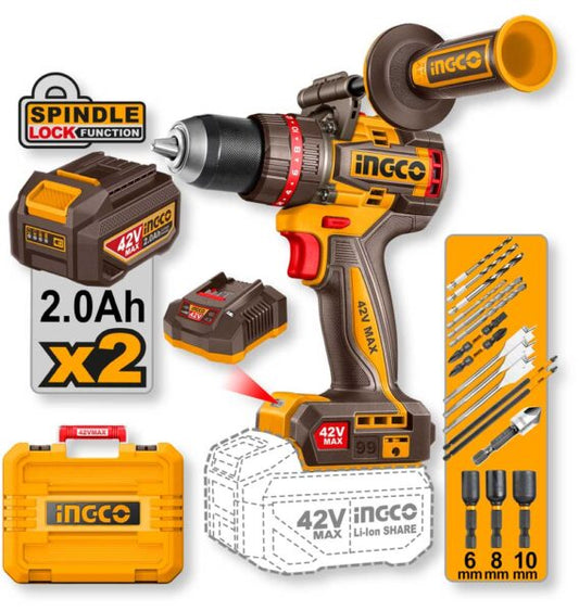 Trapano a percussione 42V con motore brushless, impugnatura ergonomica, batteria da 2.0Ah, valigetta gialla, accessori inclusi, ideale per perforazioni robuste