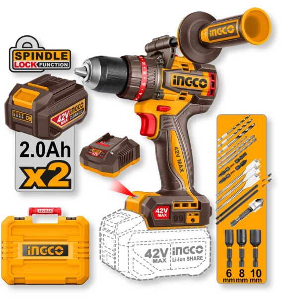 Trapano a Percussione 42V Brushless 99 Nm con 2 Batterie 2.0Ah + Valigetta