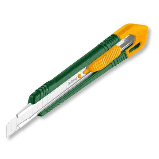 Cutter Lama 9x80MM - Utensili di Precisione con impugnatura ergonomica verde e gialla, ideale per tagli precisi in lavori creativi e fai da te.