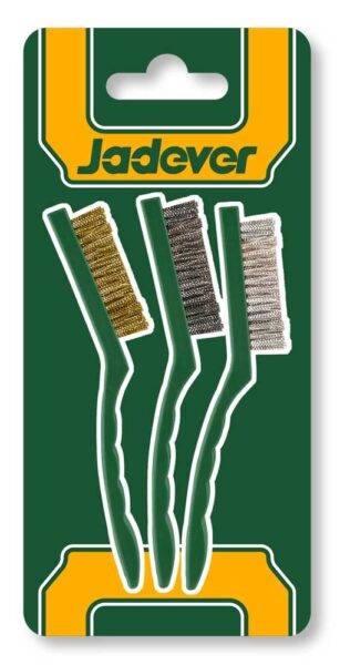 Set 3 spazzole abrasive 9P con setole in nylon, ottone e metallo da 23 cm, manico ergonomico verde, confezione eurogross per pulizia superfici.