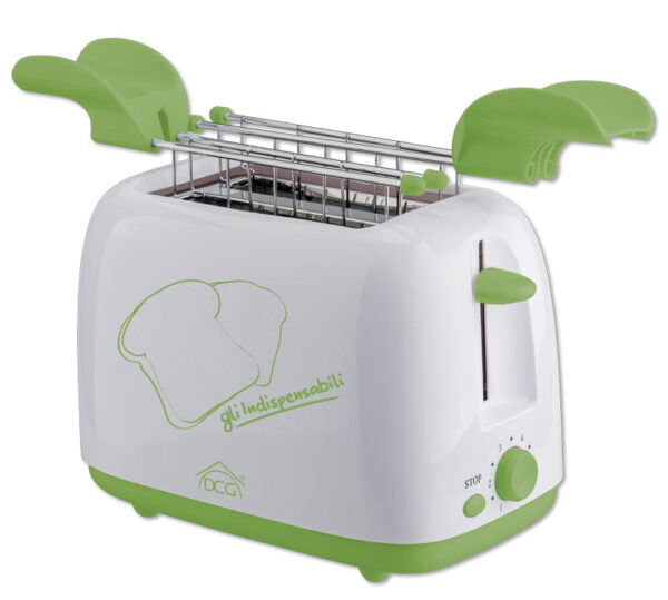 Tostapane elettrico 2 fette bianco e verde con timer 6 livelli, funzione pop up e autospegnimento, ideale per colazioni veloci e sicure.
