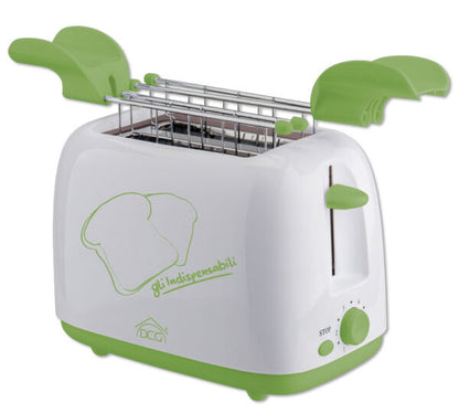 Tostapane elettrico 2 fette bianco e verde con timer 6 livelli, funzione pop up e autospegnimento, ideale per colazioni veloci e sicure.