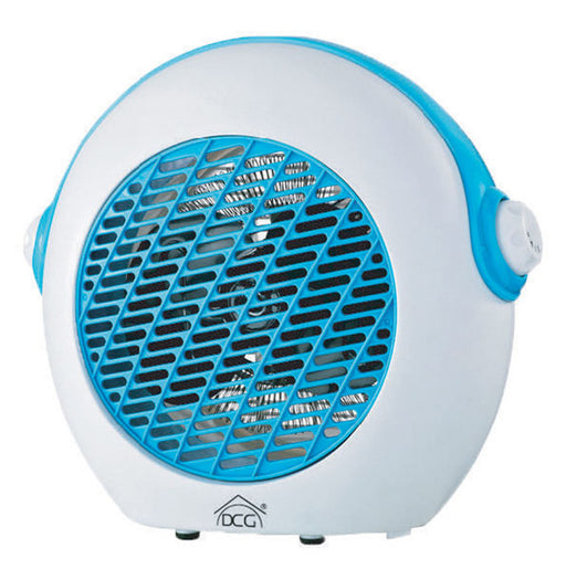 Termoventilatore 2000W con termostato e doppia potenza, compatto, design bianco e azzurro, ideale per riscaldare ambienti piccoli in sicurezza.