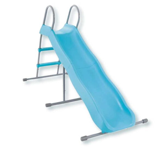 Scivolo per bambini in plastica azzurra con struttura in acciaio, dimensioni 196x84x119cm, ideale per giochi all'aperto, facile da montare.