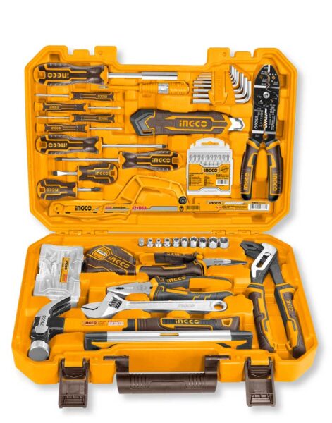 Set di 168 utensili in valigetta gialla con cacciaviti, pinze, martelli, chiavi, punte trapano e accessori professionali Ingco