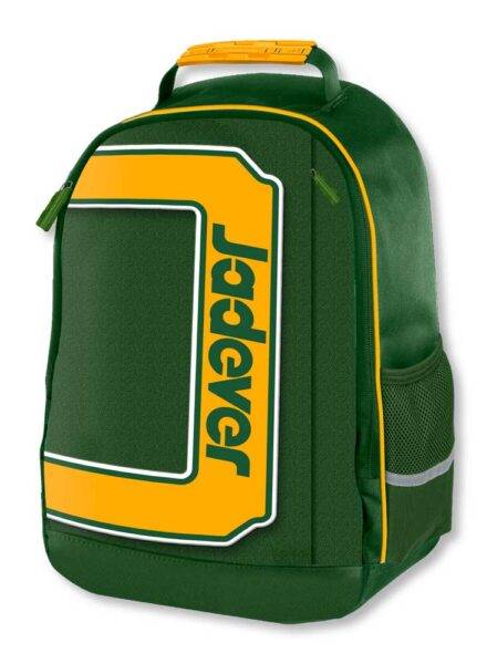 Zaino Porta Utensili Jadever per Professionisti in tessuto verde con dettagli gialli, ideale per tecnici e artigiani. Design compatto e resistente per utensileria.