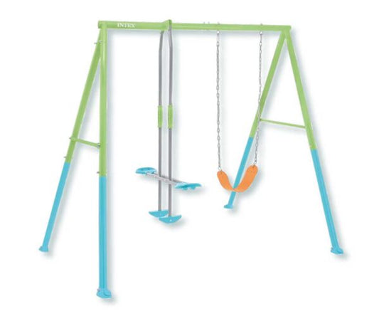 Altalena per bambini con struttura in acciaio galvanizzato verde e azzurro, dotata di seggiolino e dondolo, ideale per giardino, dimensioni 236x235x200cm