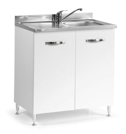 Mobile sottolavello cucina bianco con ante in metallo e piano in acciaio inox