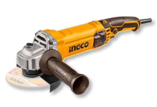 Smerigliatrice angolare regolabile 125mm con corpo giallo e nero, impugnatura ergonomica in plastica marrone, ideale per lavori di taglio e levigatura, SKU: I/AG1100385E