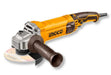 Smerigliatrice angolare regolabile 125mm con corpo giallo e nero, impugnatura ergonomica in plastica marrone, ideale per lavori di taglio e levigatura, SKU: I/AG1100385E