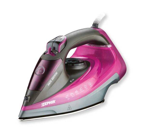Immagine del ferro da stiro Zephir 2200W con corpo rosa e grigio, dettagli di controllo e serbatoio visibili, su sfondo bianco.