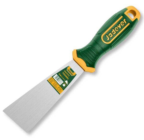 Spatola con manico ergonomico verde e giallo, lama flessibile in acciaio per stuccature, ideale per lavori di edilizia e ristrutturazione