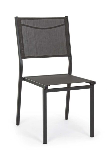 Sedia da esterno impilabile con struttura in alluminio nero e seduta in tessuto textilene, design moderno e resistente per spazi outdoor