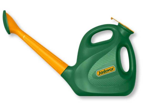 Annaffiatoio 5 Litri Jadever verde con beccuccio lungo arancione, utensile robusto e pratico per giardinaggio domestico ed esterno.