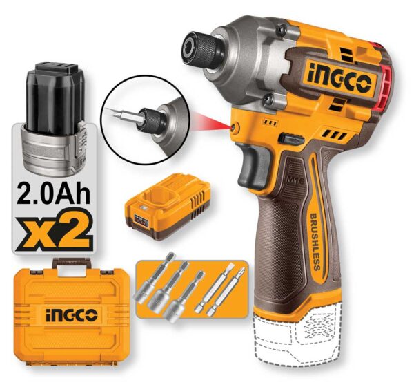 Avvitatore a impulsi senza spazzole giallo e nero con impugnatura ergonomica, include batteria da 2.0Ah, caricatore e kit di accessori