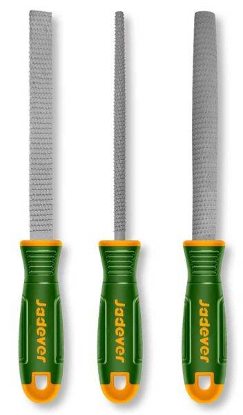 Set 3 Lime per Legno 200MM con manici ergonomici verdi e gialli, ideale per falegnameria e lavorazioni su legno precise.